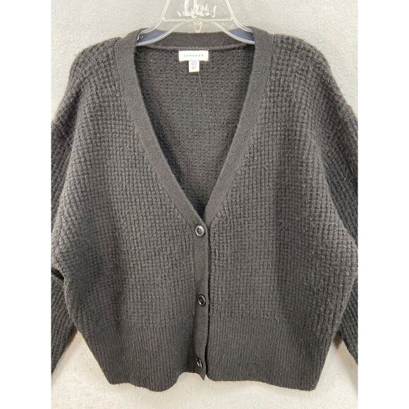 TOPSHOP Cardigan Womens Sz 14 Black Button Up Sweater Waffle Knit Soft V-Neck - Picture 2 of 8